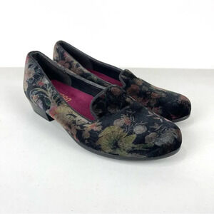 Munro Velvet Black Floral Low Heel Cerise Slip On Comfort Loafers Women's 7 W